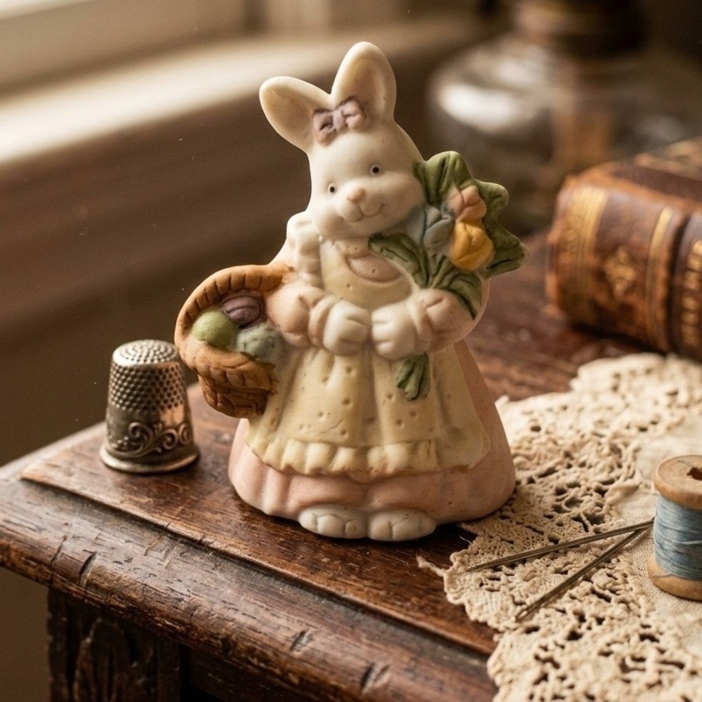 Vintage Mini Ceramic Easter Bunny Figurine Pastel Rabbit with Basket and Flowers